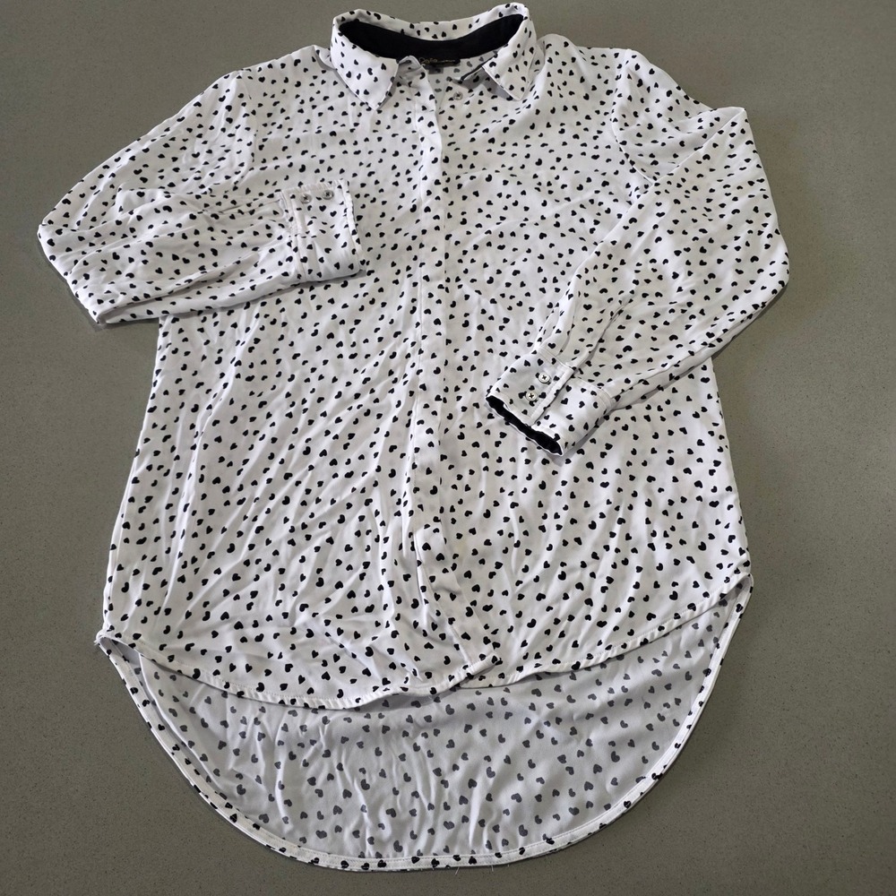 White Black Heart Print High Low Button Down Long Sleeve Shirt Womens‎